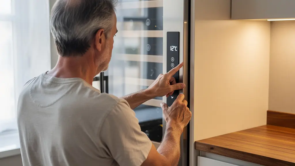 Propriétaire vérifiant le thermostat digital de sa cave à vin moderne dans une cuisine contemporaine