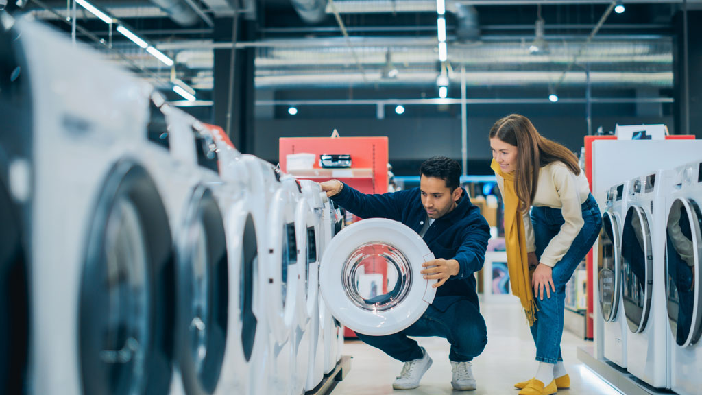 Conseiller en électroménager expliquant les caractéristiques d'un sèche-linge à une cliente