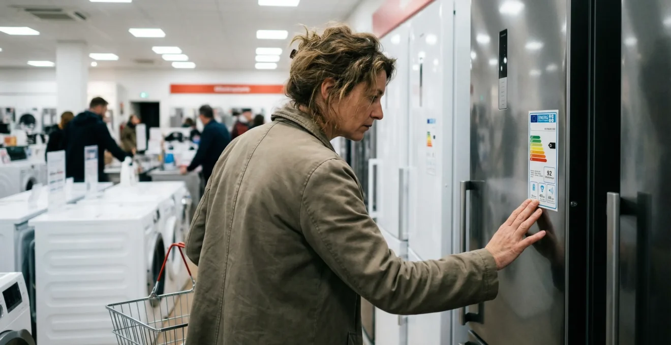 Cliente examinant l'étiquette énergie d'un réfrigérateur dans un magasin d'électroménager