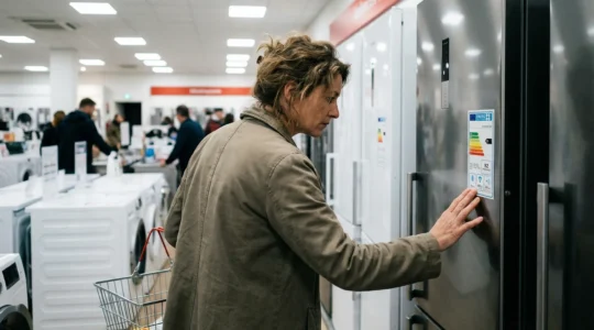 Cliente examinant l'étiquette énergie d'un réfrigérateur dans un magasin d'électroménager