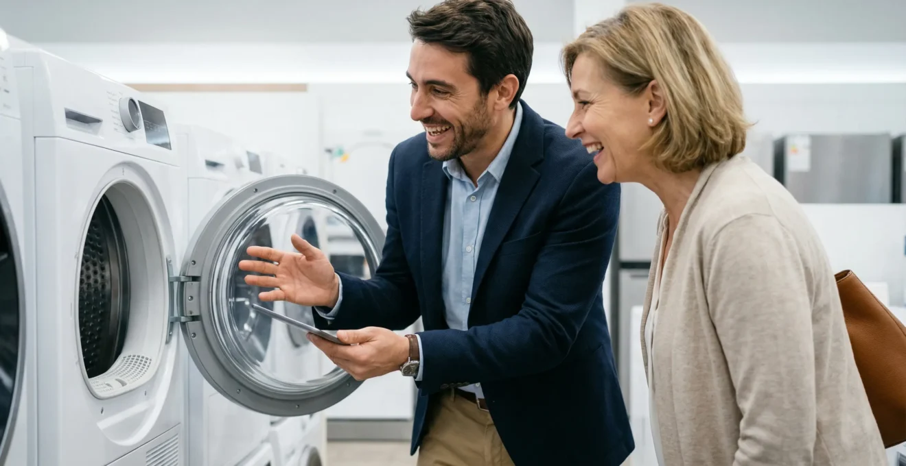 Conseiller en électroménager expliquant les caractéristiques d'un sèche-linge à une cliente