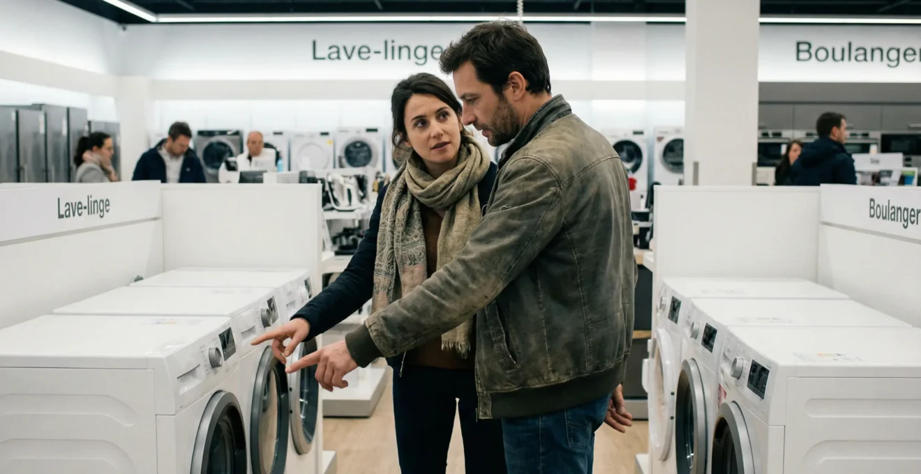 Couple trentenaire comparant deux lave-linge côte à côte dans un magasin d'électroménager