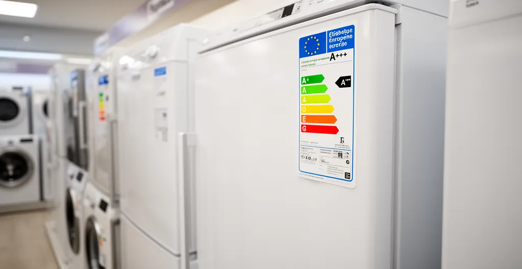 Étiquette énergie européenne A à G visible sur électroménager en magasin