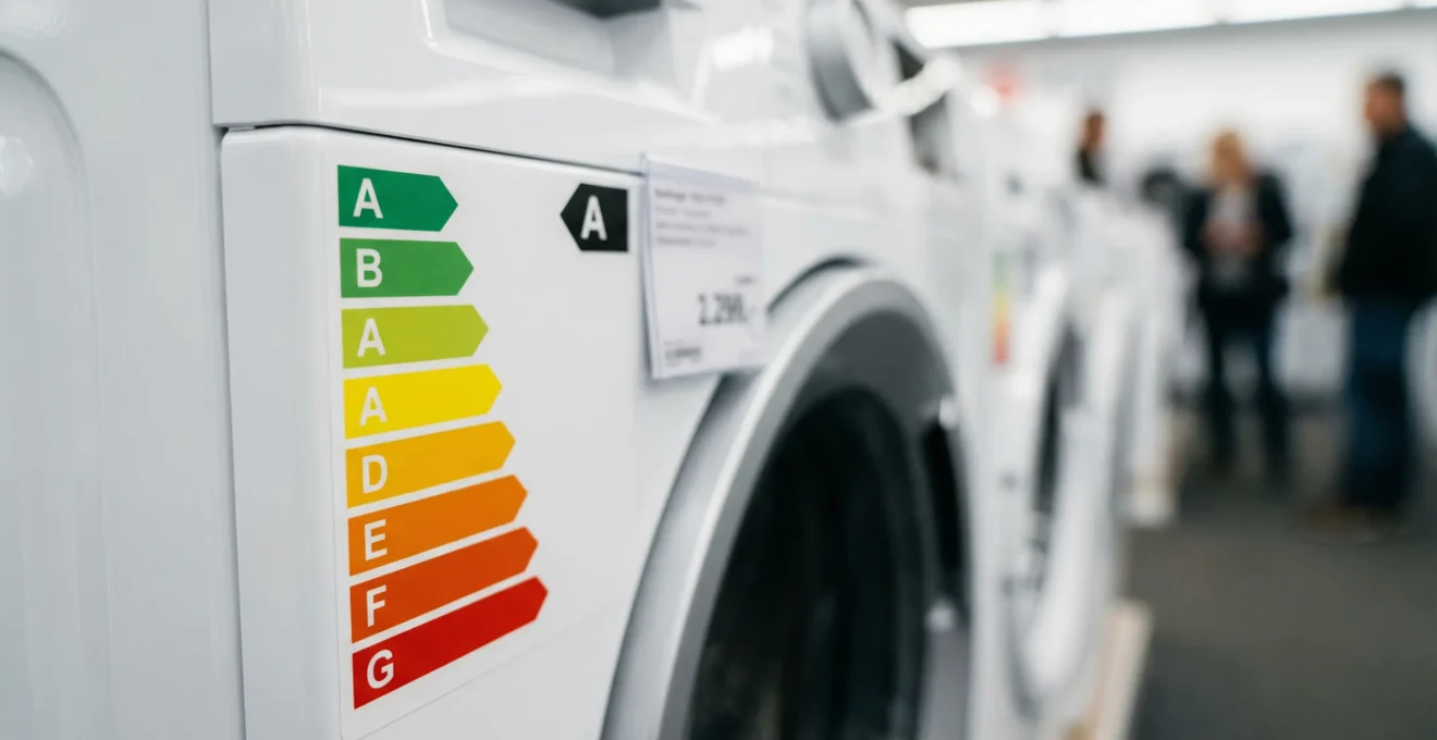 Gros plan sur étiquette énergie colorée classe A à G fixée sur un lave-linge blanc