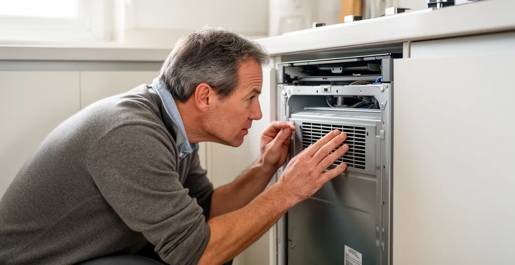 Homme vérifiant l'espace de ventilation derrière une cave encastrée