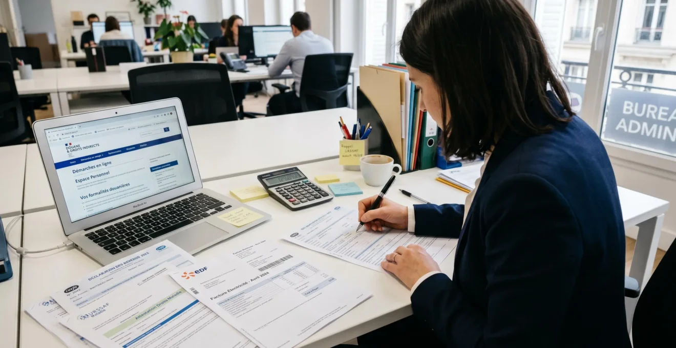 Vue rapprochée d'un bureau professionnel avec documents administratifs français (formulaires fiscaux, factures énergétiques) et ordinateur affichant le site des Douanes, personne complétant un dossier de demande d'exonération