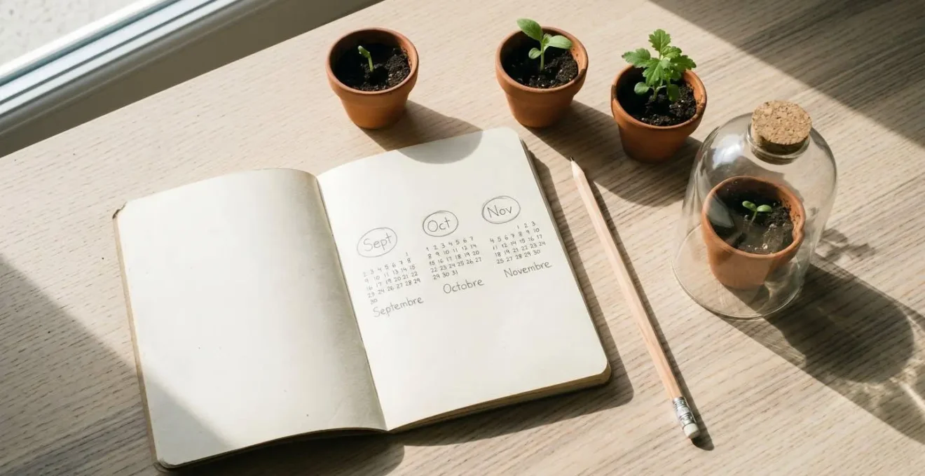 Vue en flat lay sur bois clair d'un carnet ouvert montrant un calendrier manuscrit avec les mois de septembre, octobre et novembre encerclés, accompagné d'un crayon, de trois petits pots en terre cuite avec jeunes pousses vertes et d'une cloche de jardin en verre