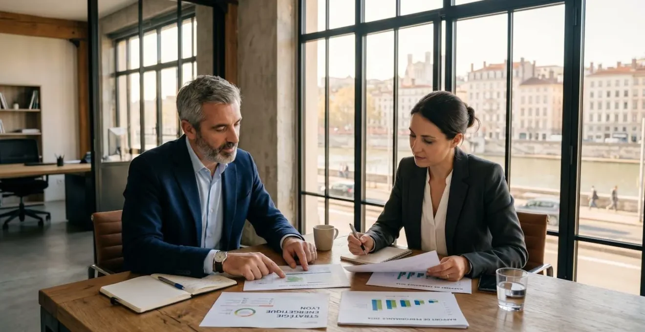 Gérant de PME analysant des offres d'énergie avec un courtier professionnel