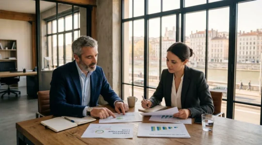 Gérant de PME analysant des offres d'énergie avec un courtier professionnel