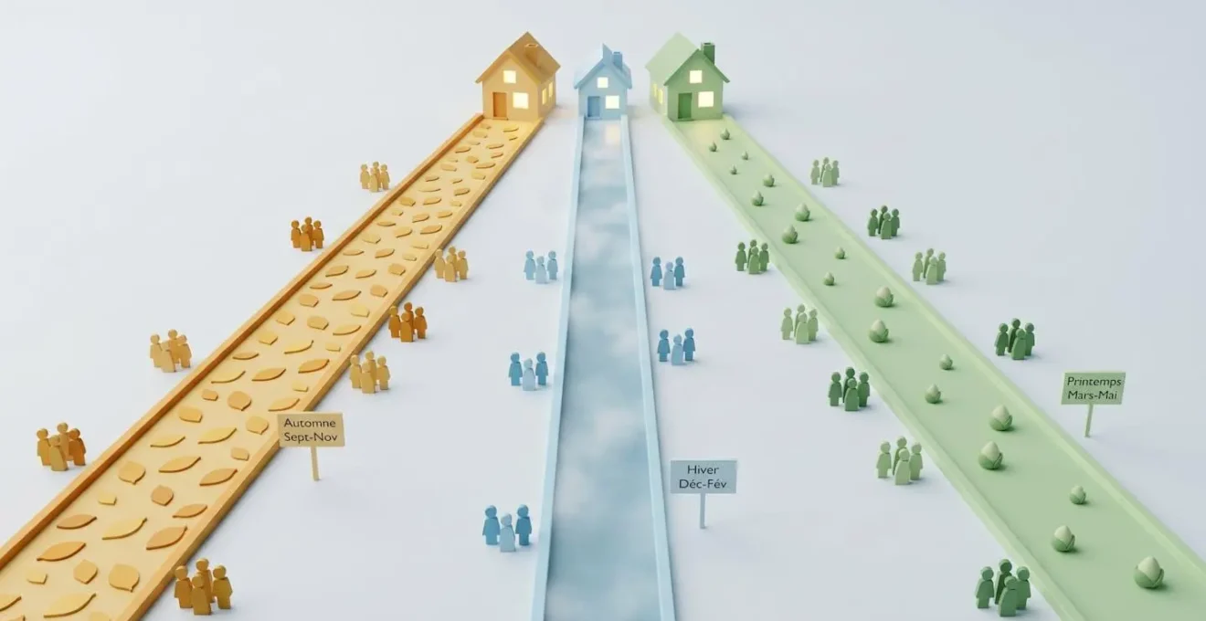 Illustration 3D isométrique montrant trois sentiers géométriques représentant les trois périodes d'achat groupé : un large sentier automne doré très fréquenté, un sentier hiver bleu étroit et brumeux, et un sentier printemps vert intermédiaire, convergeant tous vers des maisons éclairées
