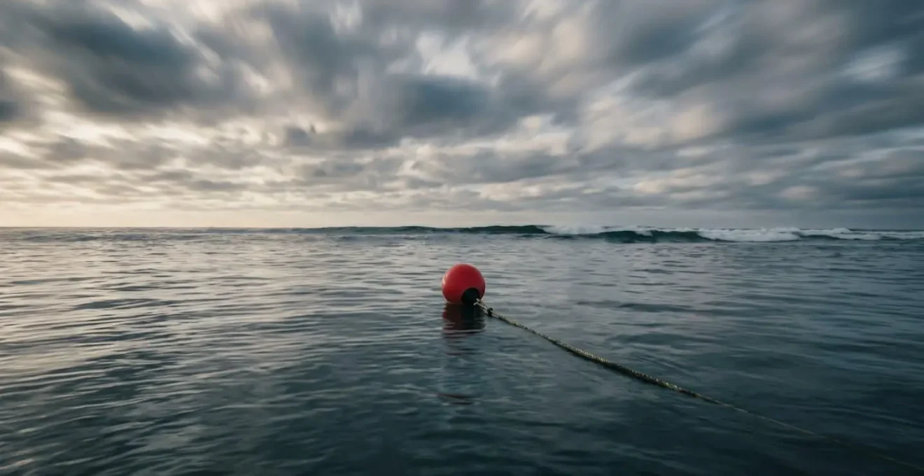 Photographie en plan large d'un océan sous ciel nuageux avec une bouée rouge solitaire au premier plan reliée par une corde tendue à une ancre invisible, vagues moyennes en arrière-plan, symbolisant la recherche de stabilité face à la volatilité du marché énergétique