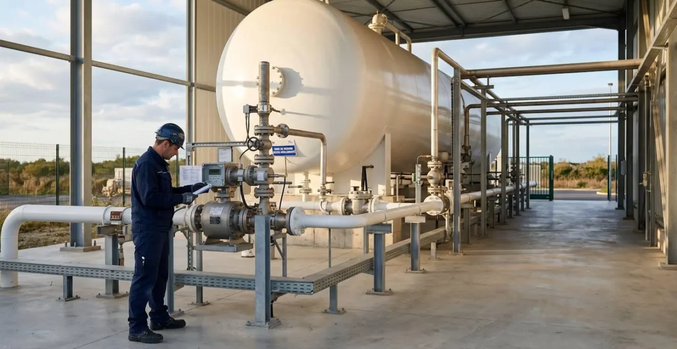 Technicien inspectant un compteur de gaz naturel sur une installation industrielle moderne avec cuve de stockage et tuyauterie apparente, dans un environnement industriel français sous lumière naturelle