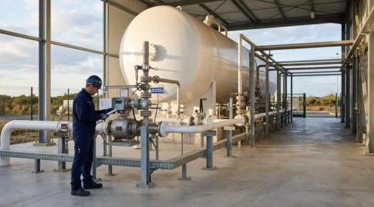 Technicien inspectant un compteur de gaz naturel sur une installation industrielle moderne avec cuve de stockage et tuyauterie apparente, dans un environnement industriel français sous lumière naturelle
