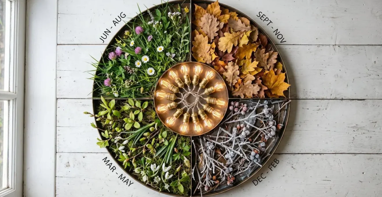 Vue aérienne d'un calendrier circulaire composé de quatre segments naturels représentant les saisons (feuilles d'automne dorées, branches givrées d'hiver, bourgeons de printemps, herbe verte d'été) avec des ampoules LED transparentes au centre symbolisant l'énergie collective
