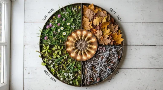 Vue aérienne d'un calendrier circulaire composé de quatre segments naturels représentant les saisons (feuilles d'automne dorées, branches givrées d'hiver, bourgeons de printemps, herbe verte d'été) avec des ampoules LED transparentes au centre symbolisant l'énergie collective