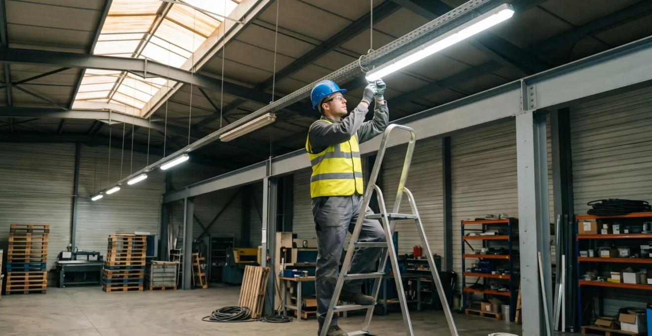 Électricien en équipement de protection installant un système d'éclairage LED performant dans un entrepôt industriel français, intervention en hauteur sur échelle professionnelle