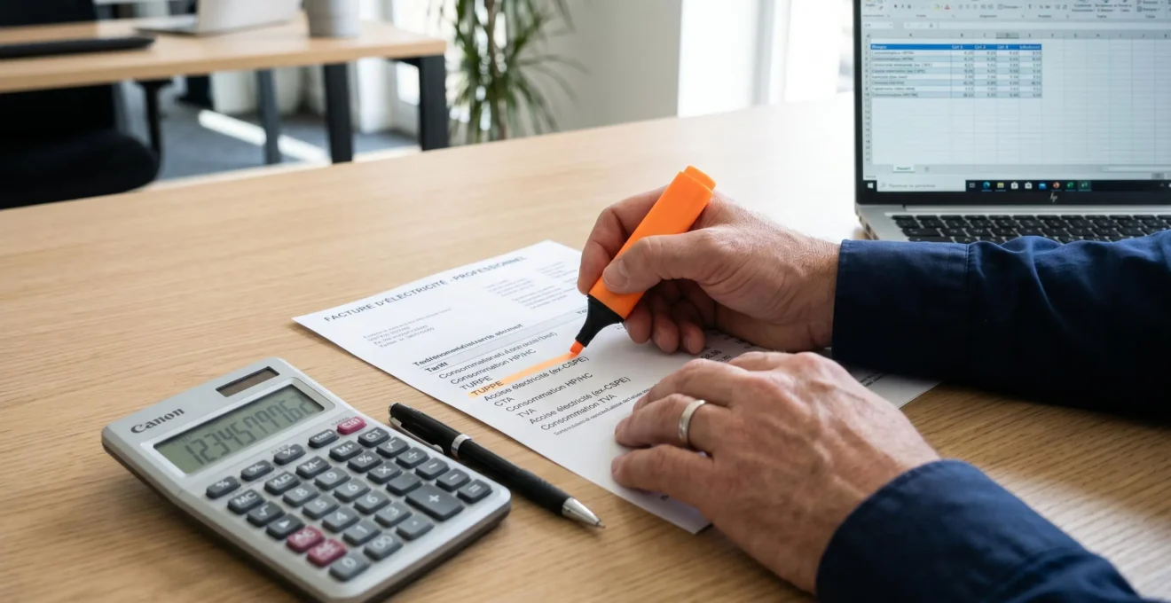 Facture d'électricité professionnelle française posée sur un bureau avec lignes tarifaires TURPE, Accise et CTA visibles, mains d'un responsable en train de l'analyser avec calculatrice et ordinateur