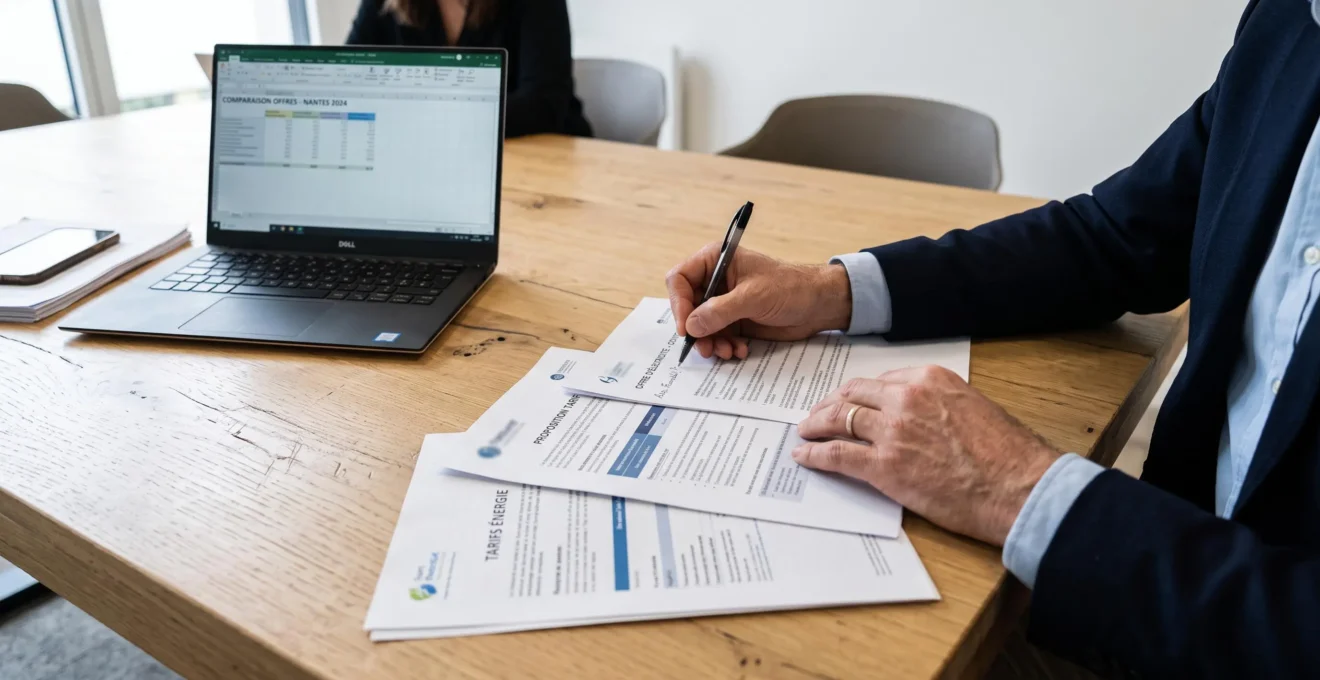 Mains d'un courtier comparant des propositions de contrats d'électricité annotées sur une table de réunion.