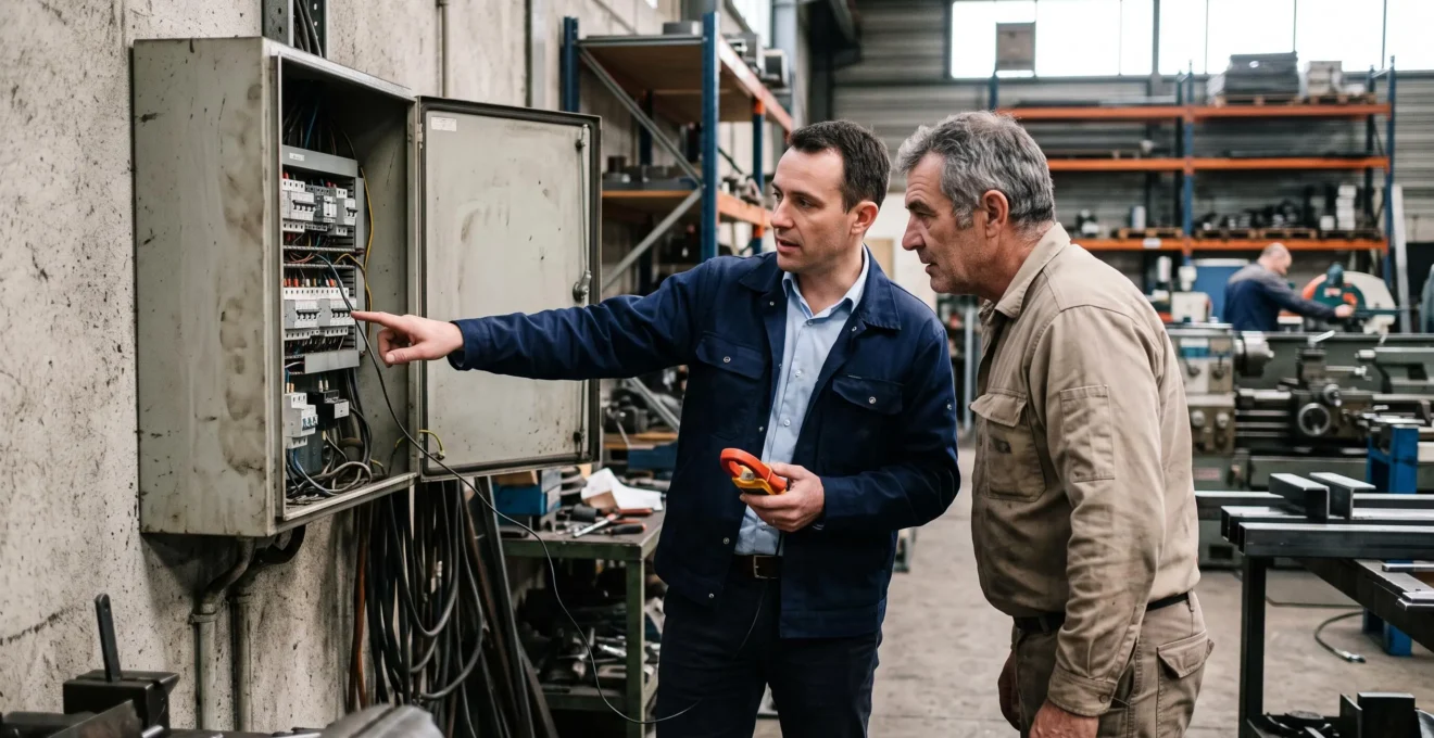 Un courtier en énergie présente le tableau électrique principal d'un atelier à un gérant d'entreprise à Nantes.