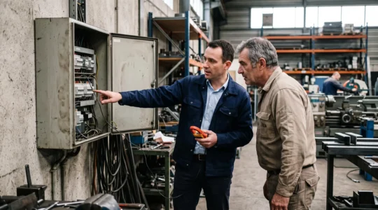 Un courtier en énergie présente le tableau électrique principal d'un atelier à un gérant d'entreprise à Nantes.