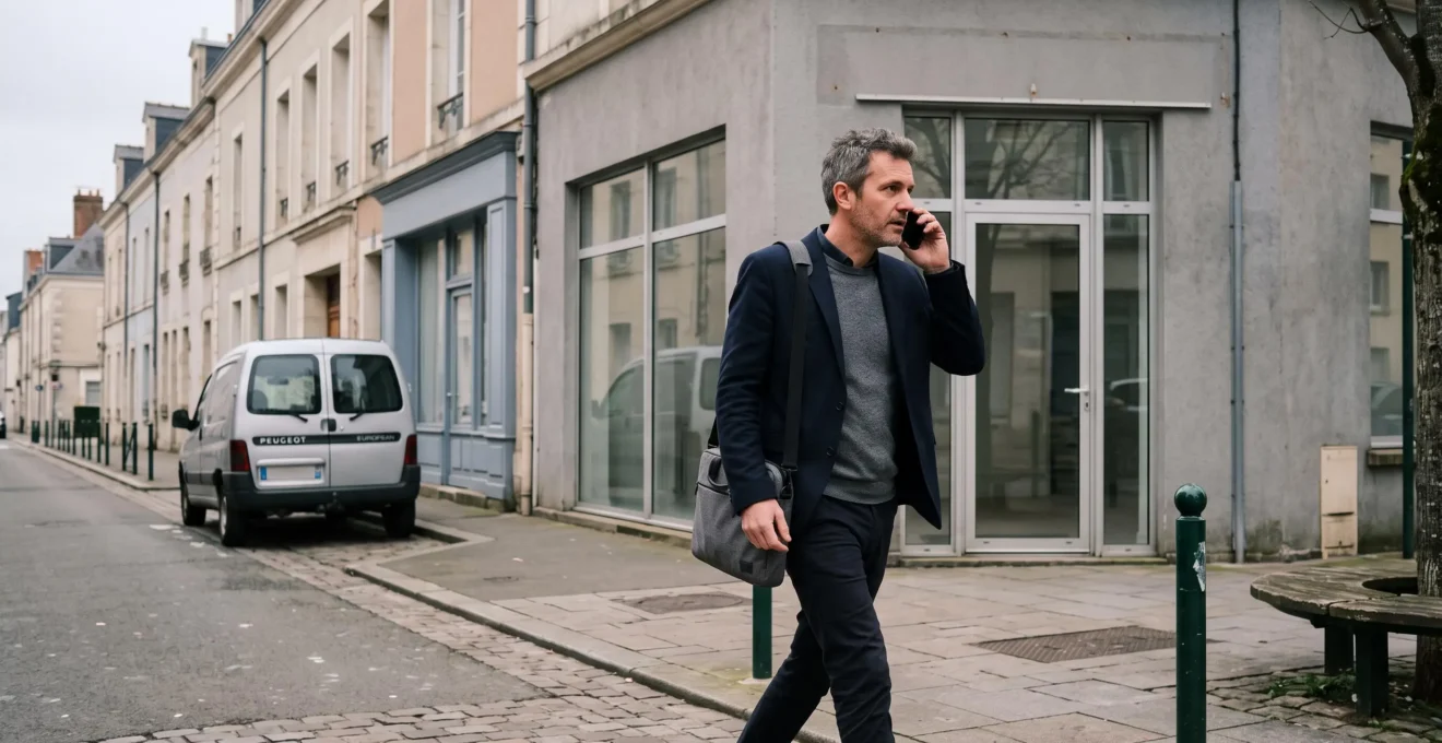 Un courtier en énergie marche dans une rue commerçante de Nantes en parlant au téléphone, sac d'ordinateur à l'épaule.