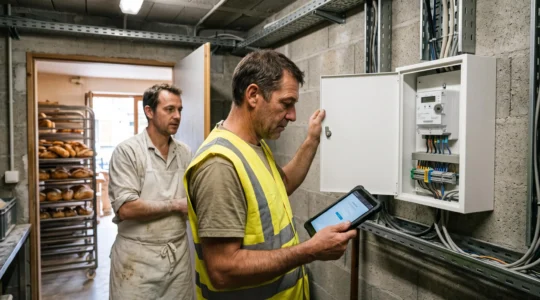 Technicien en gilet de visibilité réalisant la mise en service d'un compteur électrique dans l'armoire technique d'une boulangerie française, observé par le boulanger.