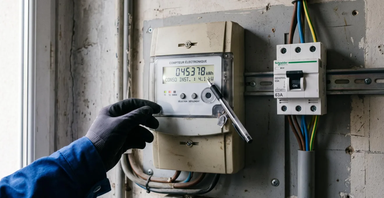Un doigt pointe l'affichage d'un compteur électrique dans un local commercial.