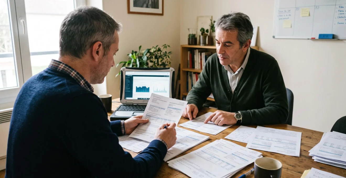 Un courtier passe en revue des factures d'électricité avec un dirigeant d'entreprise.
