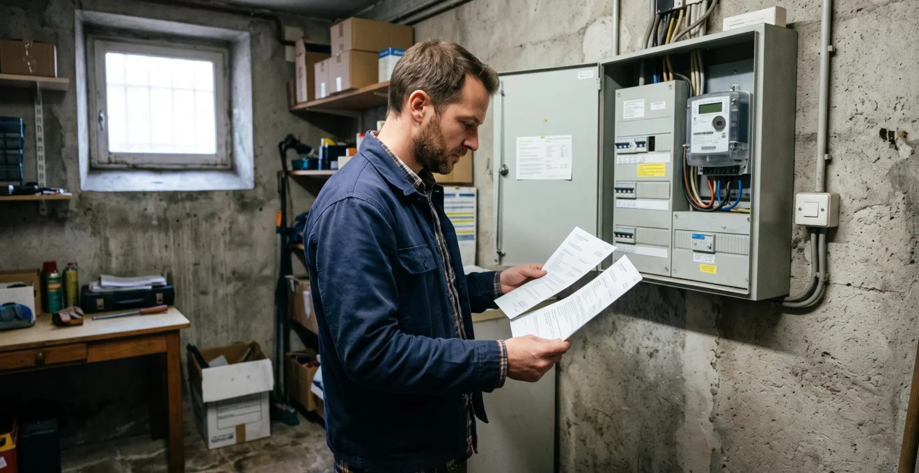 Un dirigeant d'entreprise compare deux contrats d'électricité près du compteur électrique.