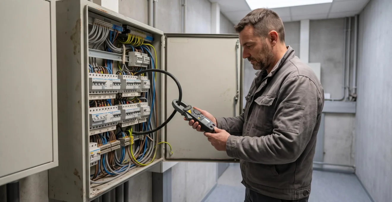Un technicien mesure le courant au tableau électrique d'un immeuble de bureaux.